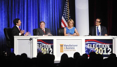 
              FILE - In this June 27, 2012 file photo, from left, moderator Chris Wallace kicks off a discussion with panelists Dick Morris, Laura Ingraham and Charles Krauthammer at the Manufacturer